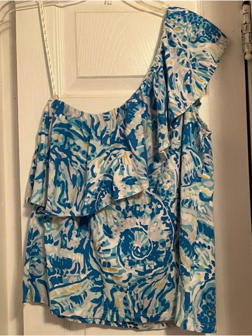 Lilly Pulitzer Blue One-Shoulder Ruffle Tank with Multicolor Print